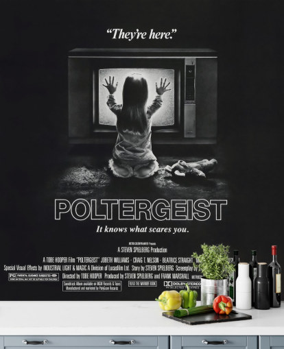 mural de papel de parede de pôster de filme em preto e branco chamado Poltergeist para quartos, escritórios domésticos e salas de estar