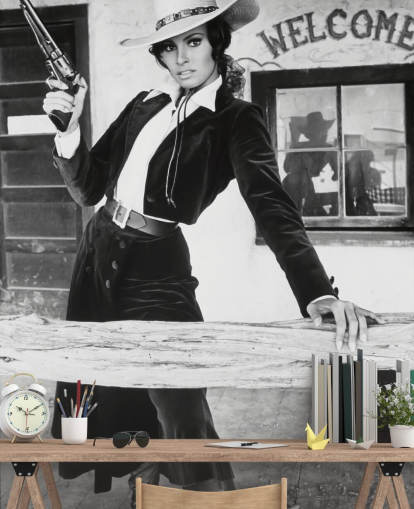 gekleurde raquel welch behangmuurschildering genaamd Raquel Welch (Bandolero)