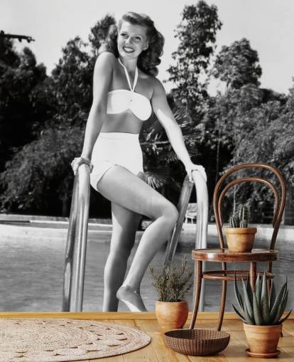 black and white hollywood mural called Rita Hayworth for bedrooms, cinema rooms and living rooms