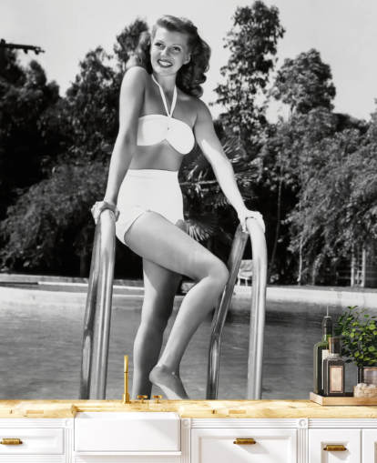 mustavalkoinen Hollywood-seinämaalaus nimeltä Rita Hayworth makuuhuoneisiin, elokuvateattereihin ja olohuoneisiin
