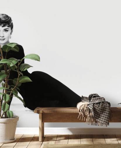 schwarz-weißes Audrey Hepburn-Wandbild namens Audrey Hepburn (Sabrina)