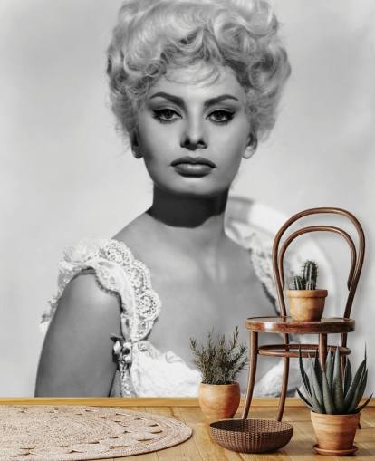 svart og hvitt Sophia Loren tapet kalt Sophia Loren (Heller i rosa tights) for soverom og stuer svart og hvitt Sophia Loren tapet kalt Sophia Loren (Heller i rosa tights) for soverom og stuer