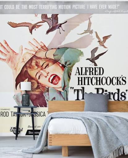 farbiges Filmplakat-Tapetentapete mit dem Titel The Birds für Schlafzimmer, Wohnzimmer und Heimbüros