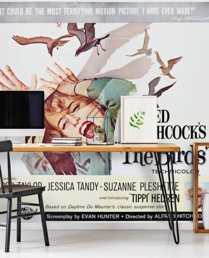 gekleurde filmposter muurschildering genaamd The Birds voor slaapkamers, woonkamers en thuiskantoren