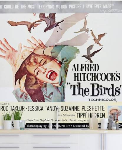 gekleurde filmposter muurschildering genaamd The Birds voor slaapkamers, woonkamers en thuiskantoren