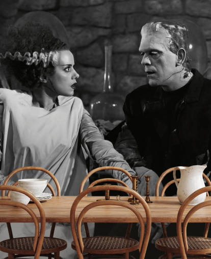 black and white classic movie wallpaper mural called Boris Karloff & Elsa Lanchester (Bride of Frankenstein) for bedrooms and living rooms