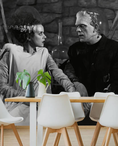 mural de papel de parede de filme clássico em preto e branco chamado Boris Karloff & Elsa Lanchester (Bride of Frankenstein) para quartos e salas de estar mural de papel de parede de filme clássico em preto e branco chamado Boris Karloff & Elsa Lanchester (Bride of Frankenstein) para quartos e salas de estar