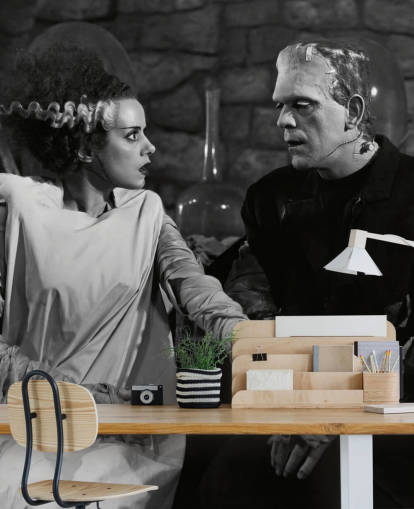 black and white classic movie wallpaper mural called Boris Karloff & Elsa Lanchester (Bride of Frankenstein) for bedrooms and living rooms
