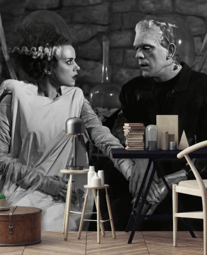 mural de papel de parede de filme clássico em preto e branco chamado Boris Karloff & Elsa Lanchester (Bride of Frankenstein) para quartos e salas de estar