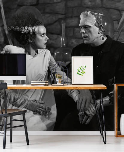 svart og hvitt klassisk filmtapet veggmaleri kalt Boris Karloff & Elsa Lanchester (Bride of Frankenstein) for soverom og stuer