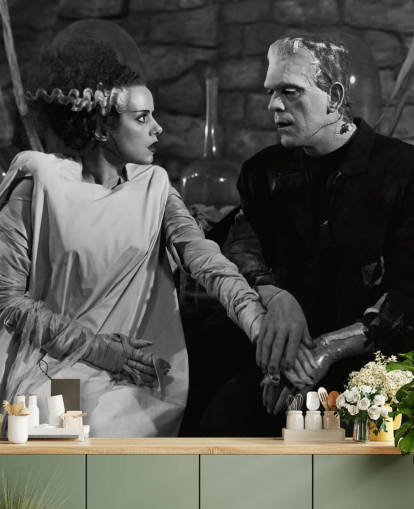 black and white classic movie wallpaper mural called Boris Karloff & Elsa Lanchester (Bride of Frankenstein) for bedrooms and living rooms black and white classic movie wallpaper mural called Boris Karloff & Elsa Lanchester (Bride of Frankenstein) for bedrooms and living rooms