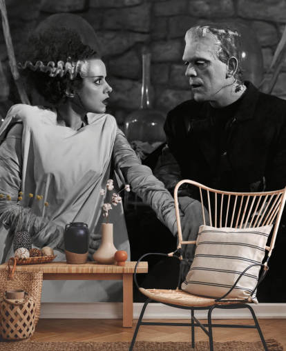 black and white classic movie wallpaper mural called Boris Karloff & Elsa Lanchester (Bride of Frankenstein) for bedrooms and living rooms black and white classic movie wallpaper mural called Boris Karloff & Elsa Lanchester (Bride of Frankenstein) for bedrooms and living rooms
