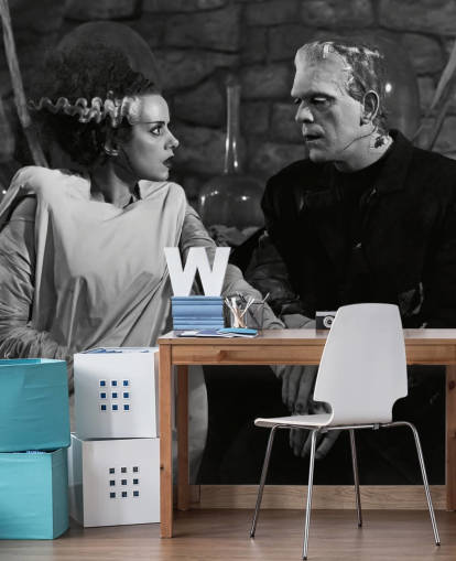 svartvit klassisk film tapetväggmålning som heter Boris Karloff & Elsa Lanchester (Bruden av Frankenstein) för sovrum och vardagsrum