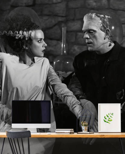 black and white classic movie wallpaper mural called Boris Karloff & Elsa Lanchester (Bride of Frankenstein) for bedrooms and living rooms black and white classic movie wallpaper mural called Boris Karloff & Elsa Lanchester (Bride of Frankenstein) for bedrooms and living rooms