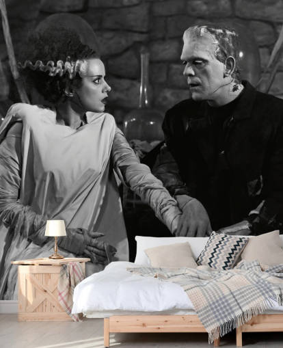 svart og hvitt klassisk filmtapet veggmaleri kalt Boris Karloff & Elsa Lanchester (Bride of Frankenstein) for soverom og stuer svart og hvitt klassisk filmtapet veggmaleri kalt Boris Karloff & Elsa Lanchester (Bride of Frankenstein) for soverom og stuer
