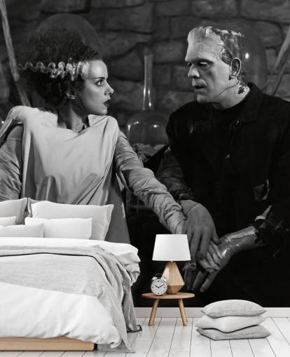 papier peint mural de film classique en noir et blanc appelé Boris Karloff et Elsa Lanchester (La Fiancée de Frankenstein) pour les chambres et les salons