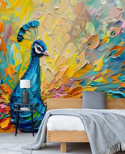 färgglad målad påfågel tapet kallad Oil Painting Peacock för sovrum och vardagsrum
