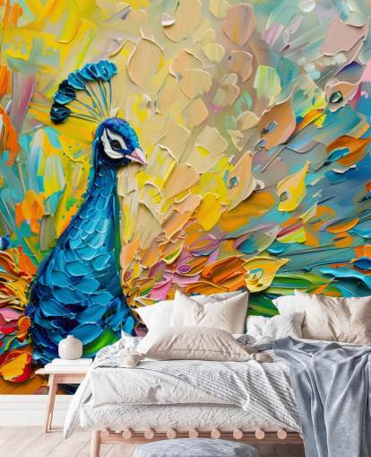 papier peint coloré en forme de paon appelé Oil Painting Peacock pour les chambres et les salons