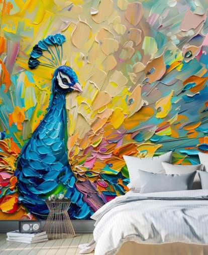 colourful painted peacock wallpaper called Oil Painting Peacock for bedrooms and living rooms