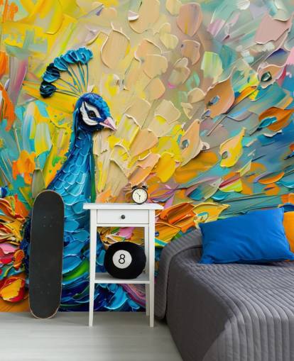kleurrijk geschilderd pauwbehang genaamd Oil Painting Peacock voor slaapkamers en woonkamers