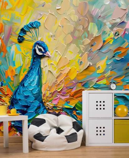 farverigt malet påfugl tapet kaldet Oil Painting Peacock til soveværelser og stuer