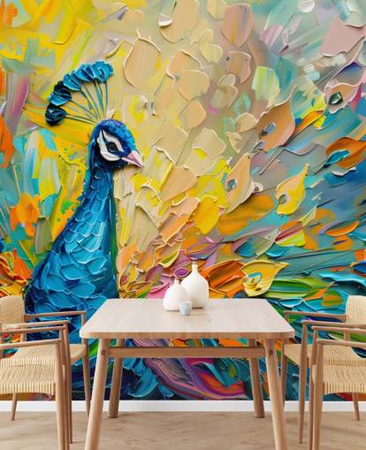 färgglad målad påfågel tapet kallad Oil Painting Peacock för sovrum och vardagsrum