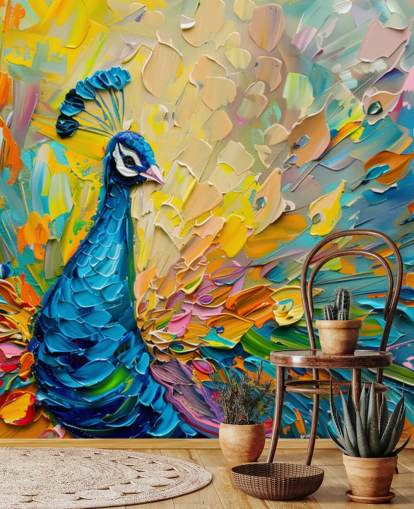 färgglad målad påfågel tapet kallad Oil Painting Peacock för sovrum och vardagsrum