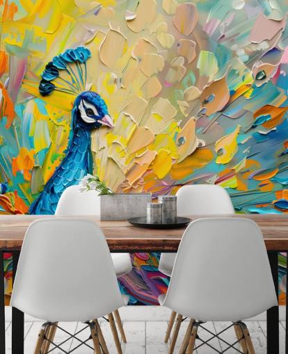 colorful painted peacock wallpaper called Oil Painting Peacock for bedrooms and living rooms