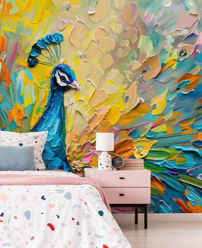 papier peint coloré en forme de paon appelé Oil Painting Peacock pour les chambres et les salons