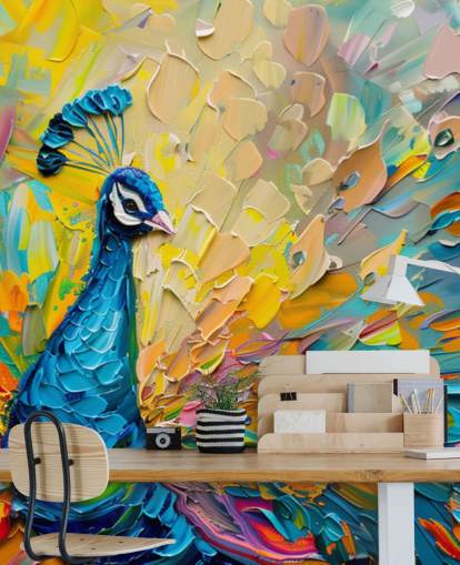 papel pintado de pavo real pintado de colores llamado Oil Painting Peacock para dormitorios y salas de estar