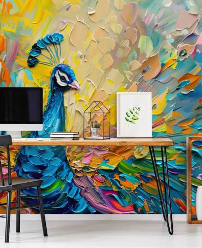 farverigt malet påfugl tapet kaldet Oil Painting Peacock til soveværelser og stuer