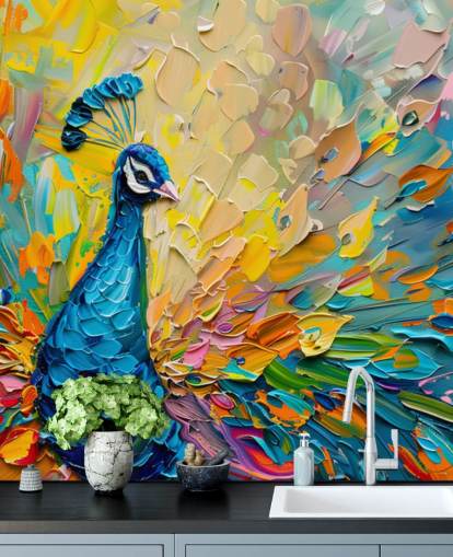 värikäs maalattu riikinkukkotapetti nimeltä Oil Painting Peacock makuuhuoneisiin ja olohuoneisiin