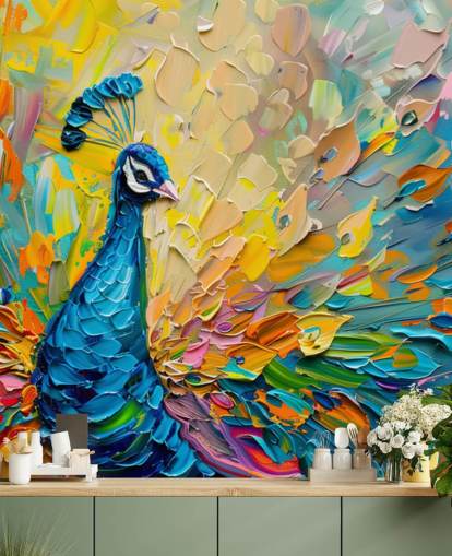 papel pintado de pavo real pintado de colores llamado Oil Painting Peacock para dormitorios y salas de estar