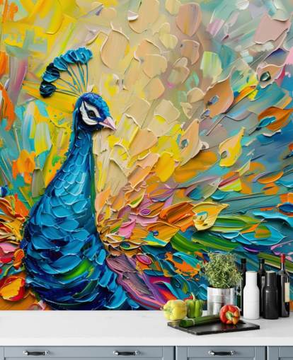 papel de parede colorido de pavão pintado chamado Oil Painting Peacock para quartos e salas de estar