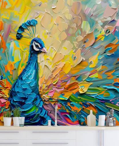 papier peint coloré en forme de paon appelé Oil Painting Peacock pour les chambres et les salons