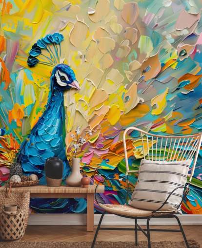 colorful painted peacock wallpaper called Oil Painting Peacock for bedrooms and living rooms
