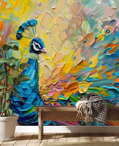 fargerikt malt påfugl tapet kalt Oil Painting Peacock for soverom og stuer