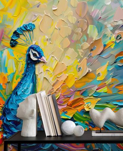 kleurrijk geschilderd pauwbehang genaamd Oil Painting Peacock voor slaapkamers en woonkamers