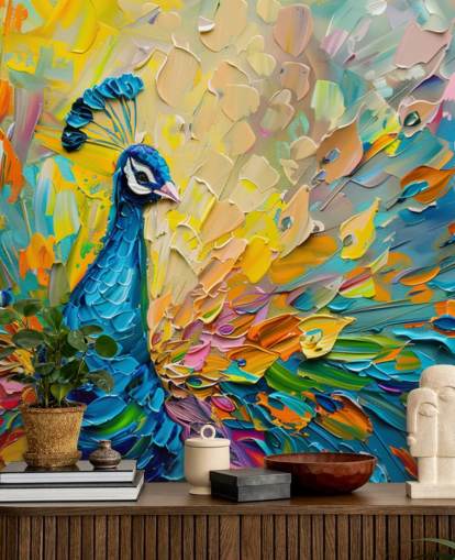 papel pintado de pavo real pintado de colores llamado Oil Painting Peacock para dormitorios y salas de estar