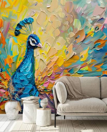papel pintado de pavo real pintado de colores llamado Oil Painting Peacock para dormitorios y salas de estar
