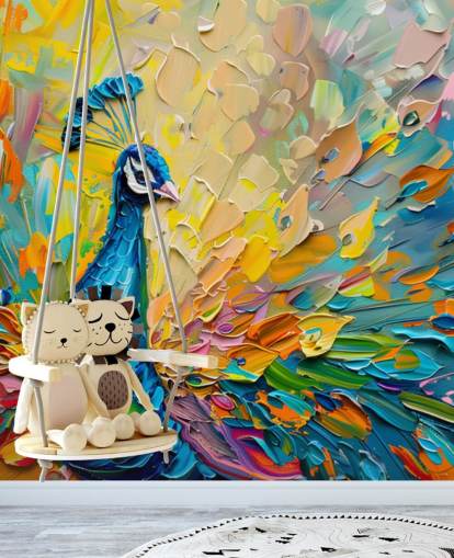 bunt bemalte Pfauentapete namens Oil Painting Peacock für Schlafzimmer und Wohnzimmer