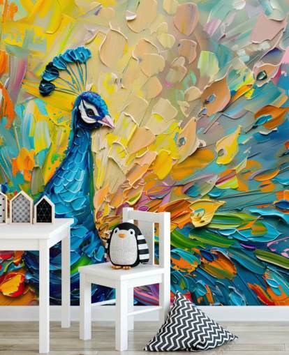 carta da parati colorata dipinta a pavone chiamata Oil Painting Peacock per camere da letto e salotti