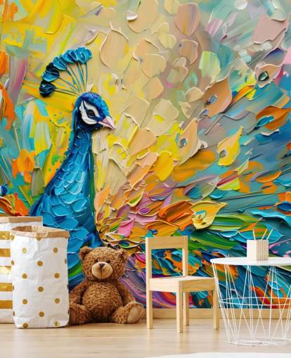 colourful painted peacock wallpaper called Oil Painting Peacock for bedrooms and living rooms
