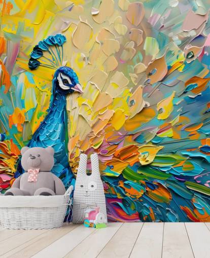 bunt bemalte Pfauentapete namens Oil Painting Peacock für Schlafzimmer und Wohnzimmer