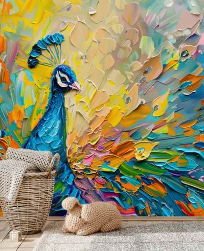 papel de parede colorido de pavão pintado chamado Oil Painting Peacock para quartos e salas de estar