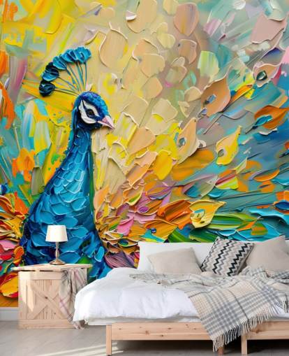 bunt bemalte Pfauentapete namens Oil Painting Peacock für Schlafzimmer und Wohnzimmer
