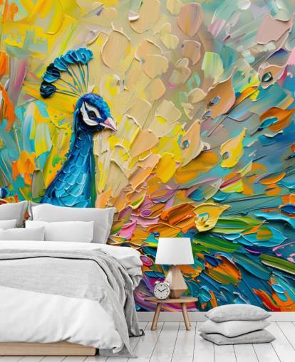 papel pintado de pavo real pintado de colores llamado Oil Painting Peacock para dormitorios y salas de estar papel pintado de pavo real pintado de colores llamado Oil Painting Peacock para dormitorios y salas de estar