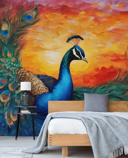 papier peint mural coloré en forme de paon appelé Painted Peacock Sunset pour les chambres, les salons et les bureaux papier peint mural coloré en forme de paon appelé Painted Peacock Sunset pour les chambres, les salons et les bureaux