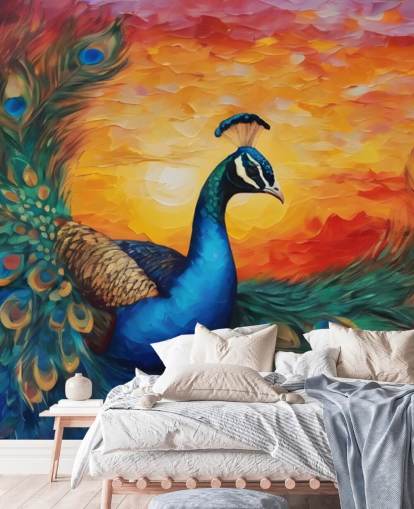 fargerikt påfugl tapetmaleri kalt Painted Peacock Sunset for soverom, stuer og kontorer