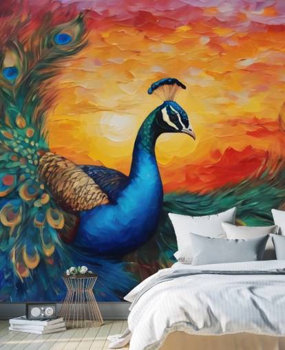 colorful peacock wallpaper mural called Painted Peacock Sunset for bedrooms, living rooms and offices colorful peacock wallpaper mural called Painted Peacock Sunset for bedrooms, living rooms and offices